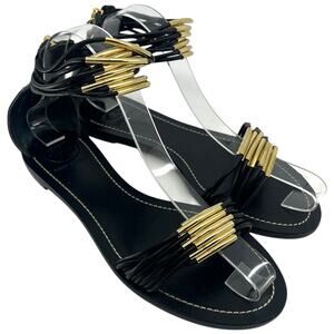 Tory Burch Black Leather Gold Tone Flat Sandals Minimalist Designer - 8M